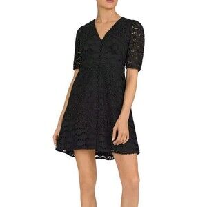 New THE KOOPLES Womens Size 4 Black Mini Dress Sharp Lace Button Cotton Eyelet
